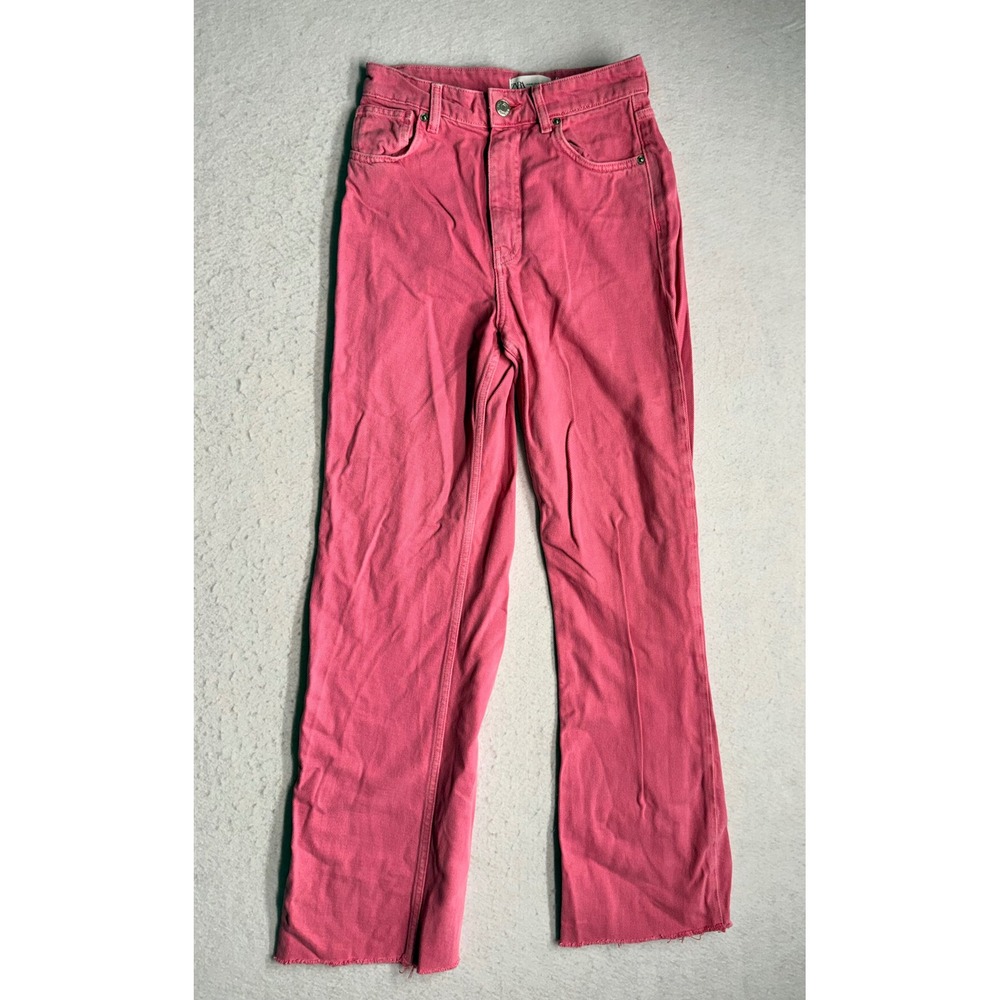 Zara Pink High Rise Wide Leg Jeans Raw Hem Women's Size 4